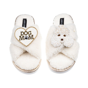 Laines Neutral Boucle Slippers With Pearl The Poodle & Dog Mum / Mom Brooches - Cream (M)