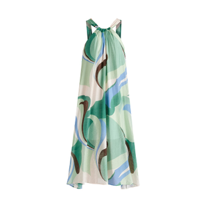 Retro Wave Halter Neck Midi Dress With Belt In Green, Brown, Blue, Mint And White (L)