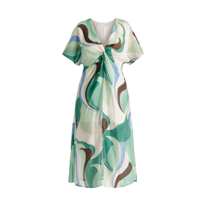 Retro Wave Midi Dress With Twist Detail In Green, Brown, Blue, Mint And White (L)