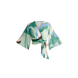 Retro Wave Wrap Kimono Blouse In Green, Brown, Blue, Mint And White (XXL)