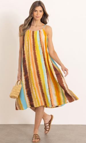Strappy Striped Midi Dress - Orange/Mustard/Aqua