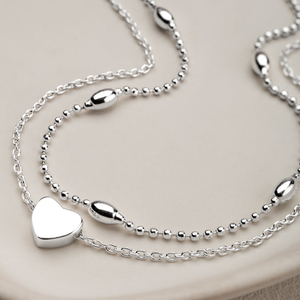 Signature Silver Double Chain Heart & Bead Anklet