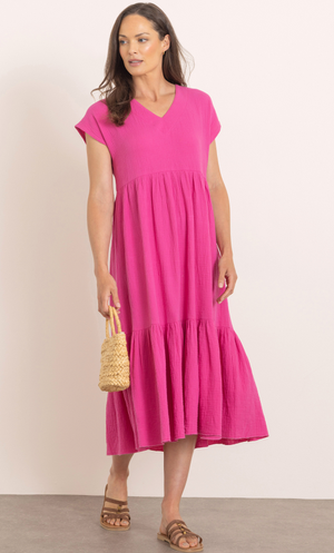 Textured Cotton Short Sleeve Midi Dress - Lipstick