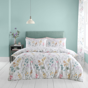 Catherine Lansfield Emilia White and Green Floral Reversible Duvet Set
