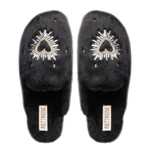 Noelle Black Luxury Plush Diamanté Embellished Handmade Slipper (5 UK)