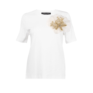 Laines Couture Embellished Organza Ocean Shell Brooch T-Shirt - White (M)