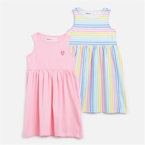 MINOTI Girls Two Pack Printed Dress Stripe/Pink