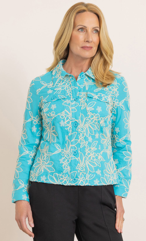 Anna Rose Embroidered Cotton Jacket - Aqua