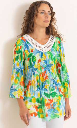 Anna Rose Bouquet Print Pleated Top - Lime/Multi