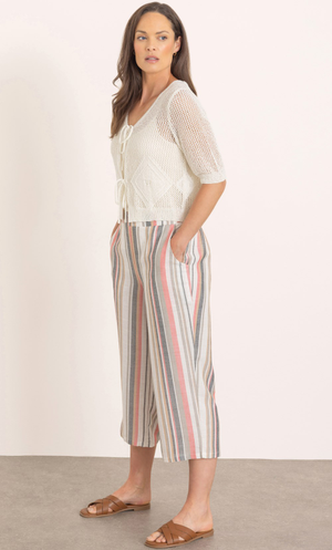 Striped Wide Leg Cropped Trousers - Beige/Black/Red