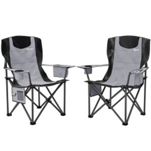 Outsunny Set of 2 Folding Camping Chairs, Padded Camping Chairs with Adjustable Armrests, Portable & Lightweight Folding Camp Chair with Cooler Bag, Cup Holder and Side Pockets, Grey