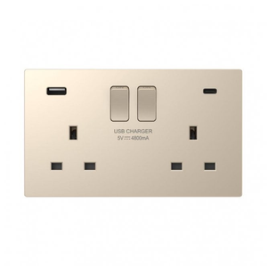 DE046CGS Screwless Double Switched Socket with Dual USB Ports A+C (3.1A) in Champagne Gold