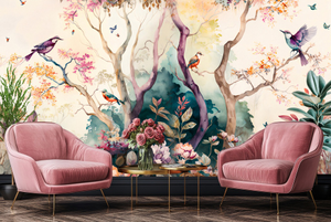 Pink Floral Pretty Birds Chinoiserie Wall Mural Wallpaper