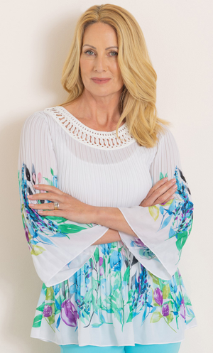 Anna Rose Garden Print Pleated Top - White/Green/Multi