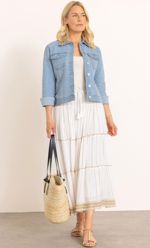 Lurex Striped Pull On Boho Skirt - White/Lt Gold
