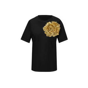 Flower Black Cotton T-Shirt With Top Side Gold Sequin Rose (XL)