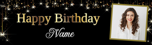 Personalised Party Banner - Black &amp; Gold Starburst - Custom Text &amp; 1 Photo
