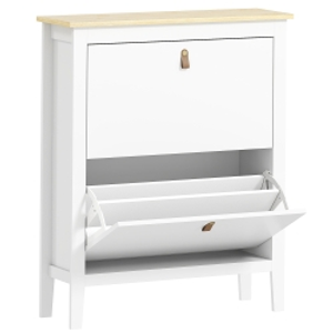 HOMCOM Zapatero Estrecho con 2 Compartimentos y Tiradores de Cuero PU para Pasillos y Recibidores 80x24x95,5 cm Blanco y Madera