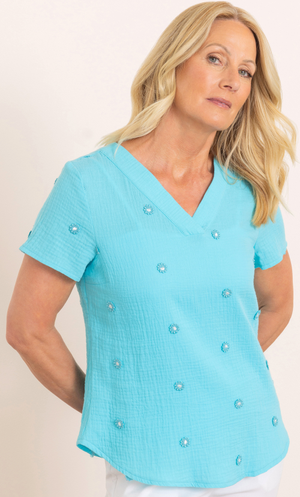 Anna Rose Floral Embroidered Textured Cotton Top - Aqua