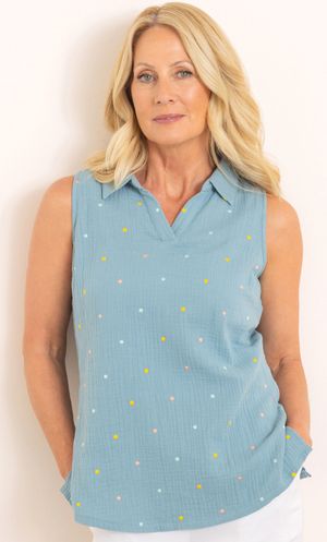 Anna Rose Embroidered Spot Cotton Top - Blue/Multi