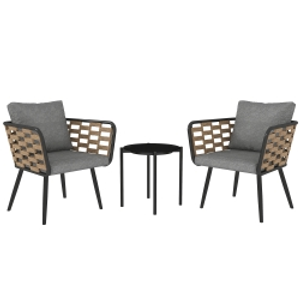 Outsunny 3 Pieces Rattan Bistro Set with Washable Seat and Back Cushions, Glass Top Coffee Table, for Outdoor, Patio, Black