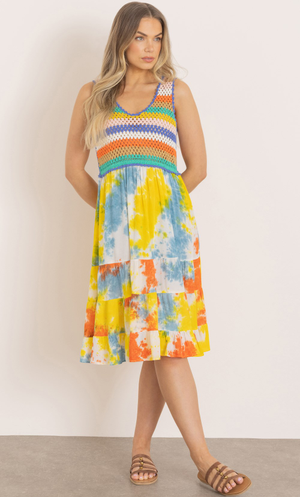 Tie Dye And Crochet Sleeveless Dress - White/Orange/Yellow