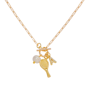 Initial Letter Tennis Racket Pearl Ball Necklace 18k Gold (Letter A)