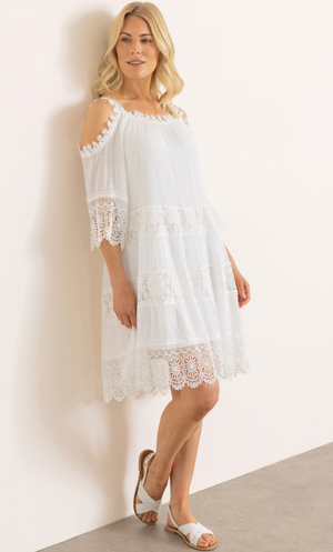 Lace Trim Cold shoulder Dress - White
