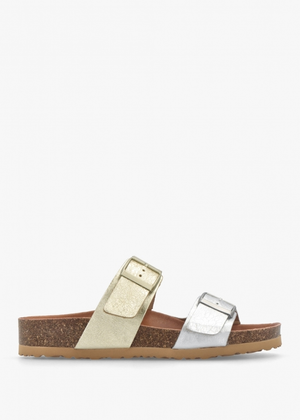 Imule Split Gold & Silver Leather Two Bar Mules