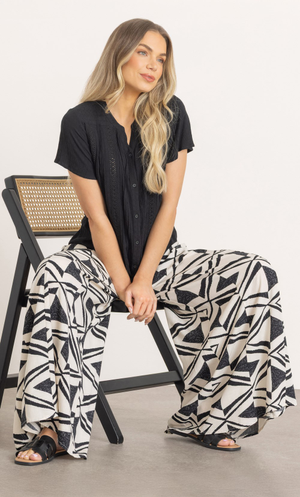 Printed Wide Leg Palazzo Trousers - Black/White
