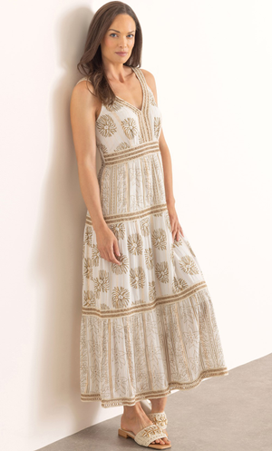 Printed And Shimmer Striped Boho Maxi Dress - White/Lt Gold