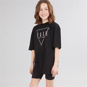 Elle Girls Triangle Logo Oversize T-Shirt And Cycling Shorts Set Black