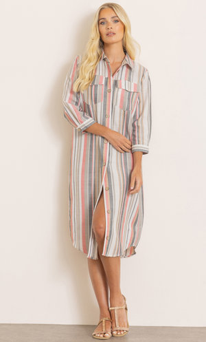 Striped Shirt Dress - Beige/Black/Red