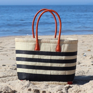 Striped Woven Raffia Beach Bag