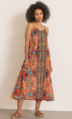 Printed Cotton Trapeze Maxi Dress - Red/Black