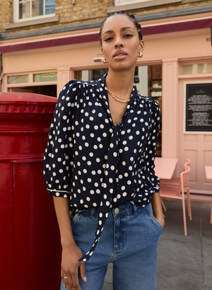 Amalie Printed Tie Neck Blouse - UK 12 | EU 38 | US 08 / Navy Mini Polka