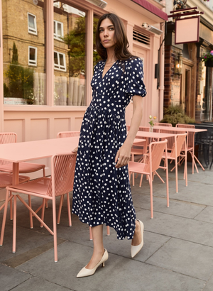 Lina Printed Midi Dress - UK 12 | EU 38 | US 08 / Navy Mini Polka