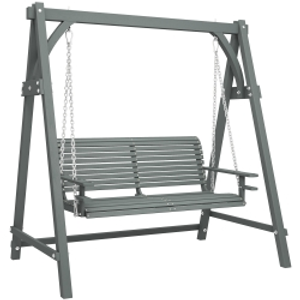 Outsunny 2 Seater Garden Swing Seat, Wooden Swing Chair Bench with Cup Holders for Outdoor Porch Patio, Grey