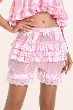 Sissy Satin Ruffled Bloomer Shorts - Baby Pink