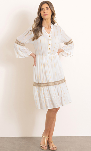 Lurex Striped Boho Tunic Dress - White/Lt Gold