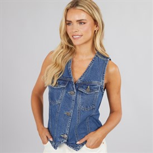 Brave Soul Womens Denim Button Through Vest Mid Vintage Wash