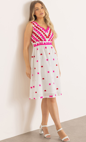 Embroidered Sleeveless Cotton Dress - White/Pink/Red