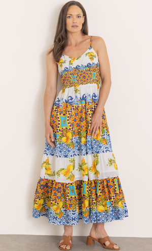 Printed Smocked Cotton Maxi Dress - White/Blue/Orange