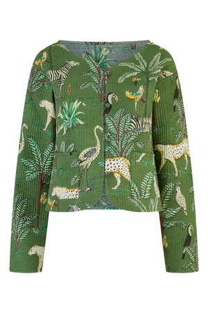 Yumi Green Animal Print Reversible Cotton Cropped Quilted Jacket (XL)