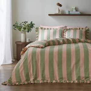 Birdie Stripe Ruffle Duvet Cover Set - Pink & Green Double 200x200cm