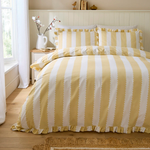 Birdie Stripe Ruffle Duvet Cover Set - Yellow & White Double 200x200cm