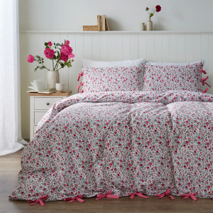 Hannah Floral Bow Fastening Duvet Cover Set - Pink King Size 220x230cm