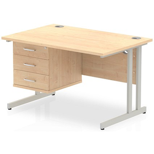 Impulse 1200mm Rectangular Office Desk With Fixed 3 Drawer Pedestal, Silver Cantilever Leg, Maple
