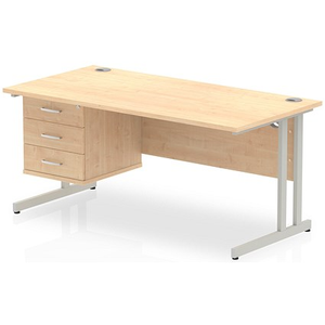 Impulse 1600mm Rectangular Office Desk With Fixed 3 Drawer Pedestal, Silver Cantilever Leg, Maple