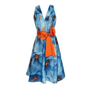 blue dress orange flowers Isabella Sky 100% PolyesterActual product colors may vary from images shown due to different viewing devices and lighting. Poppy Floral Tea-Length Dress 18